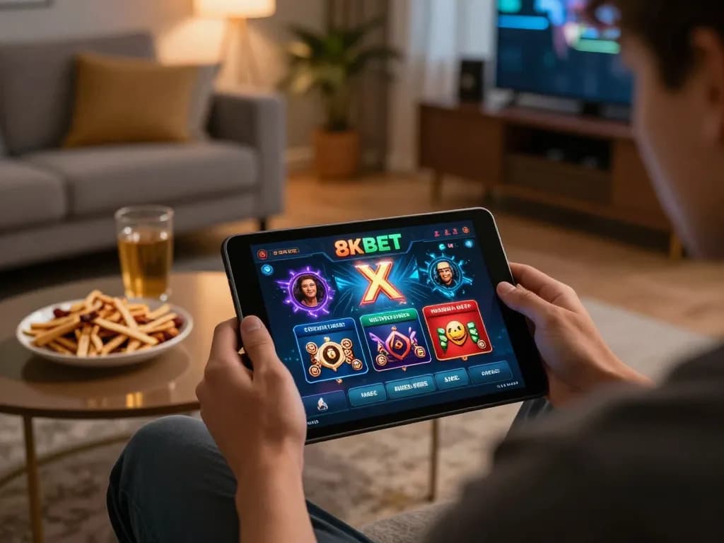 8KBET user engaging in online gambling activity on tablet in cozy home setting
