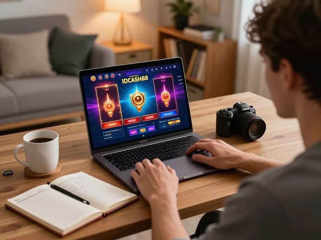 Engaged player immersing in IDCASH88 online gaming experience on a laptop in a cozy home setup.