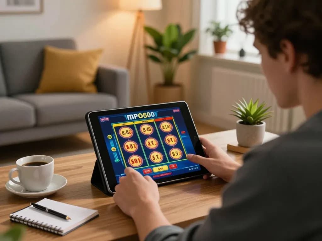 Player engaging with mpo500 slot game on tablet in cozy living room, showcasing strategic online casino play.