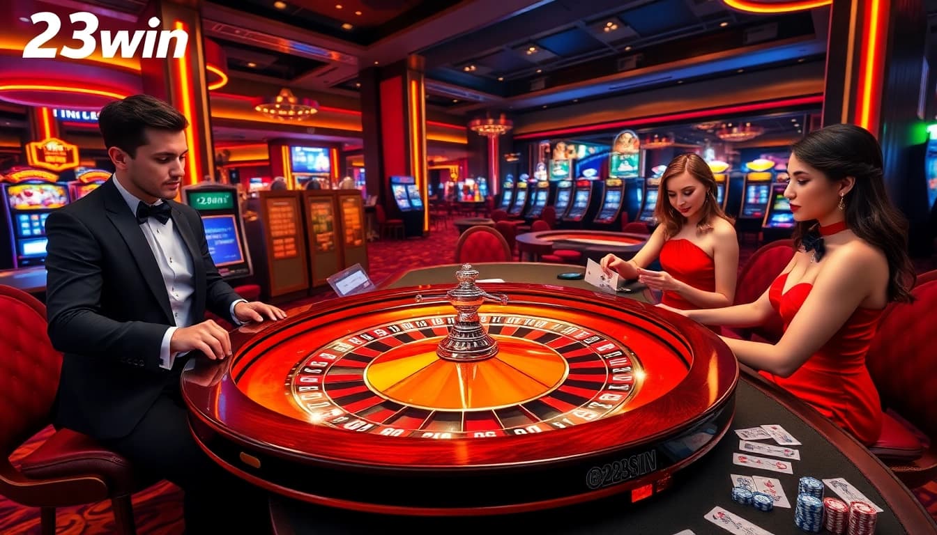 Players enjoy a thrilling game at 23win's luxurious casino table with roulette and cards.