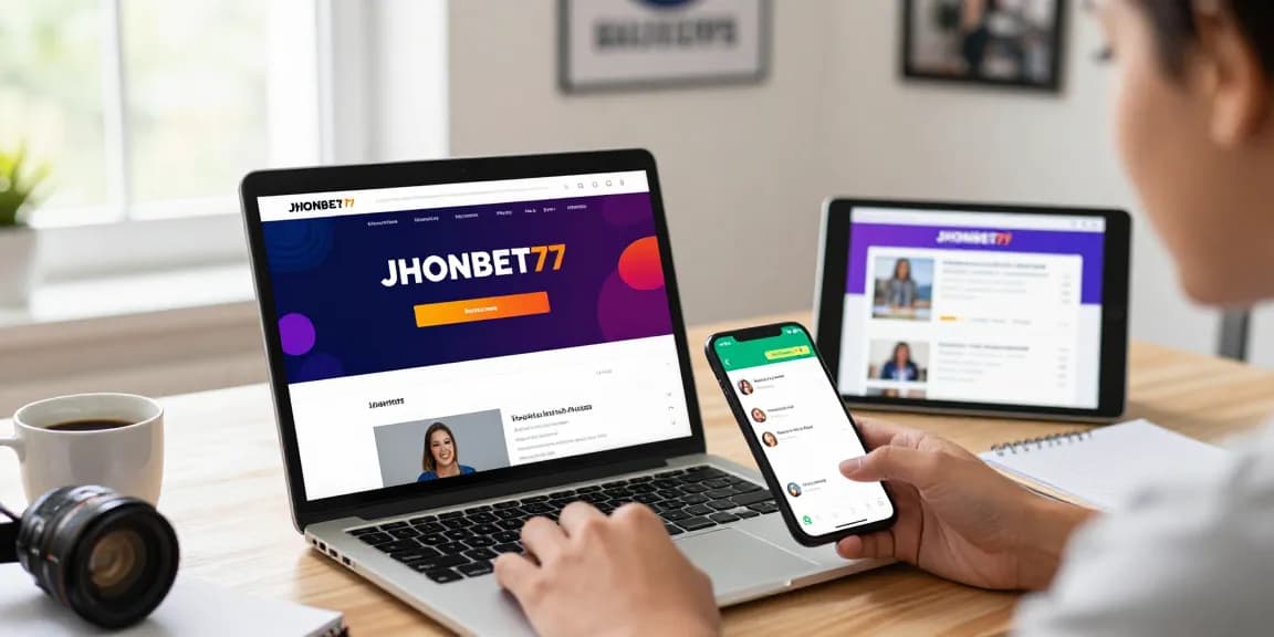 Pengguna JHONBET77 mengakses platform melalui laptop, ponsel, dan tablet dengan informasi promo.