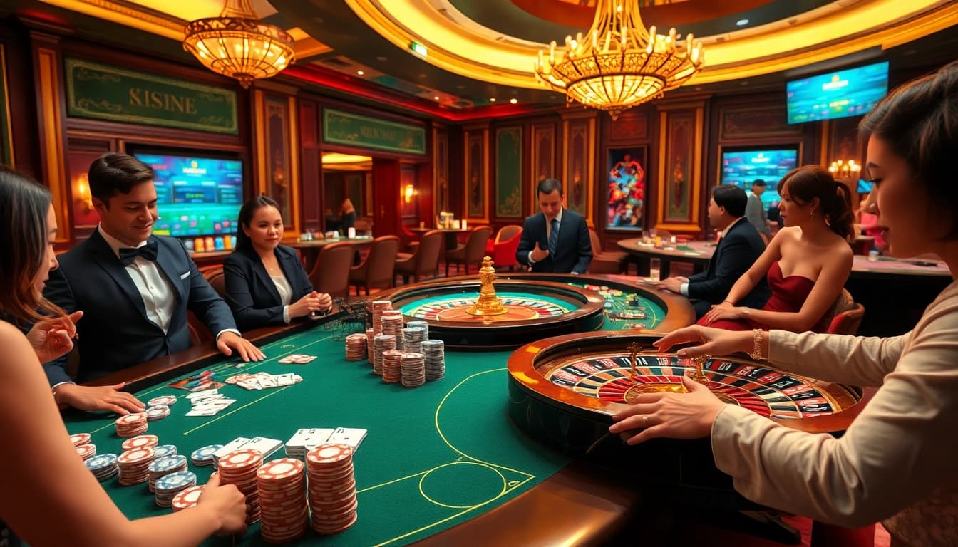 Experience the thrill of 包网 services in a luxurious casino setting featuring vibrant gaming elements.