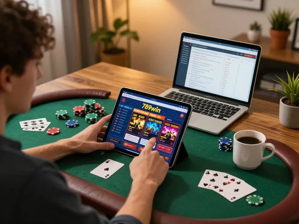Engaging with 789win com casino app on tablet at home, showing poker chips and strategies.