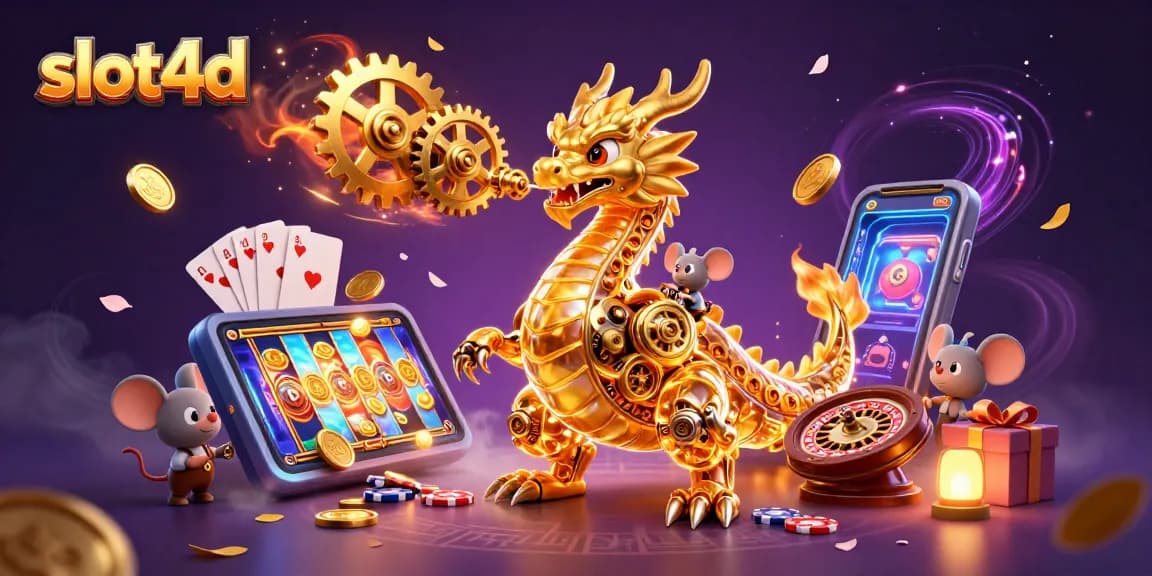 Bermain slot4d dengan mesin slot berputar dan harta karun, dikelilingi elemen kasino