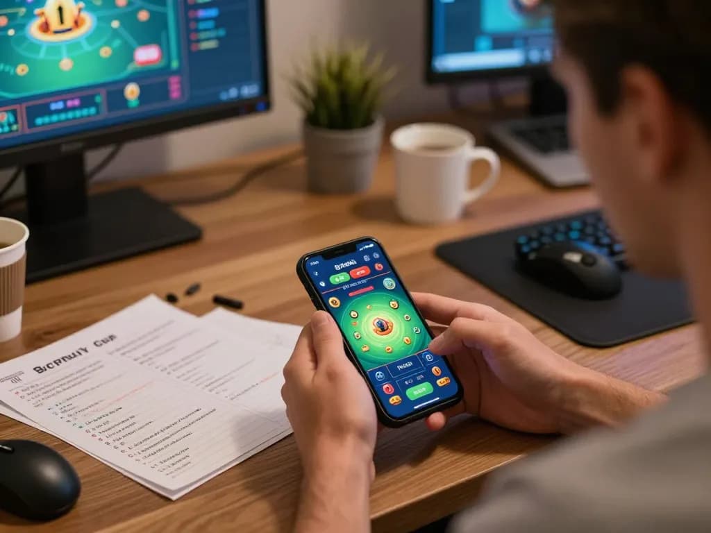 Engaging with qq mobil on a smartphone during online gambling in a cozy home office setup