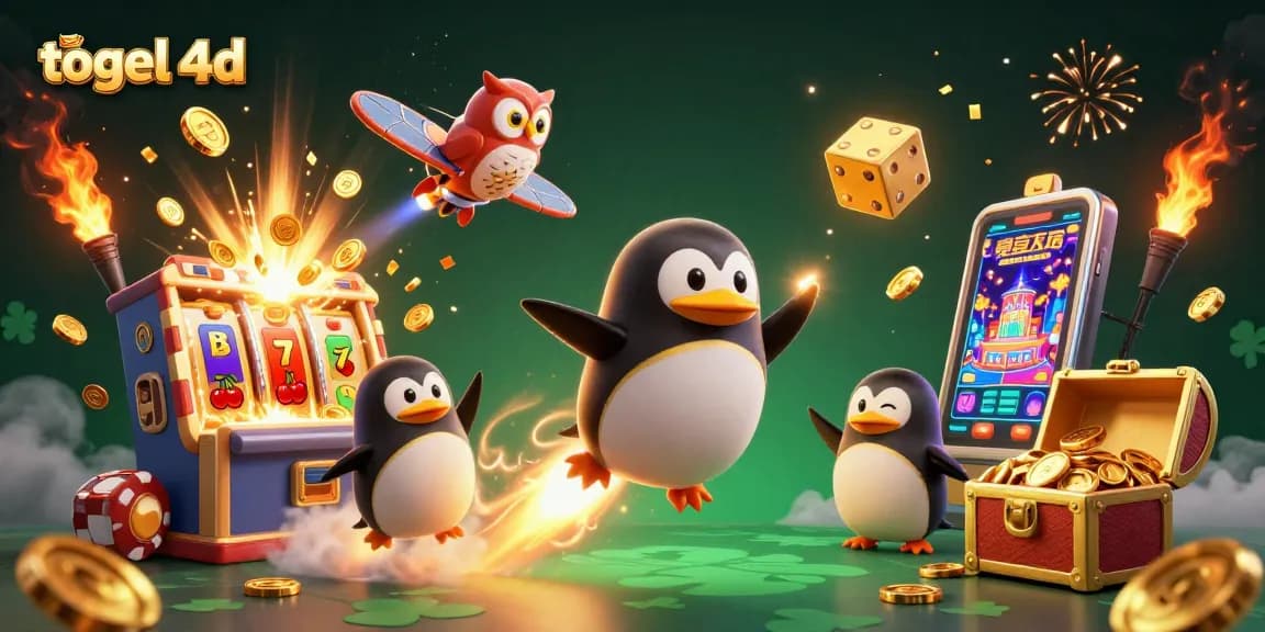 Permainan togel 4d dengan penguin emas dan mesin slot yang luar biasa dalam ilustrasi 3D.