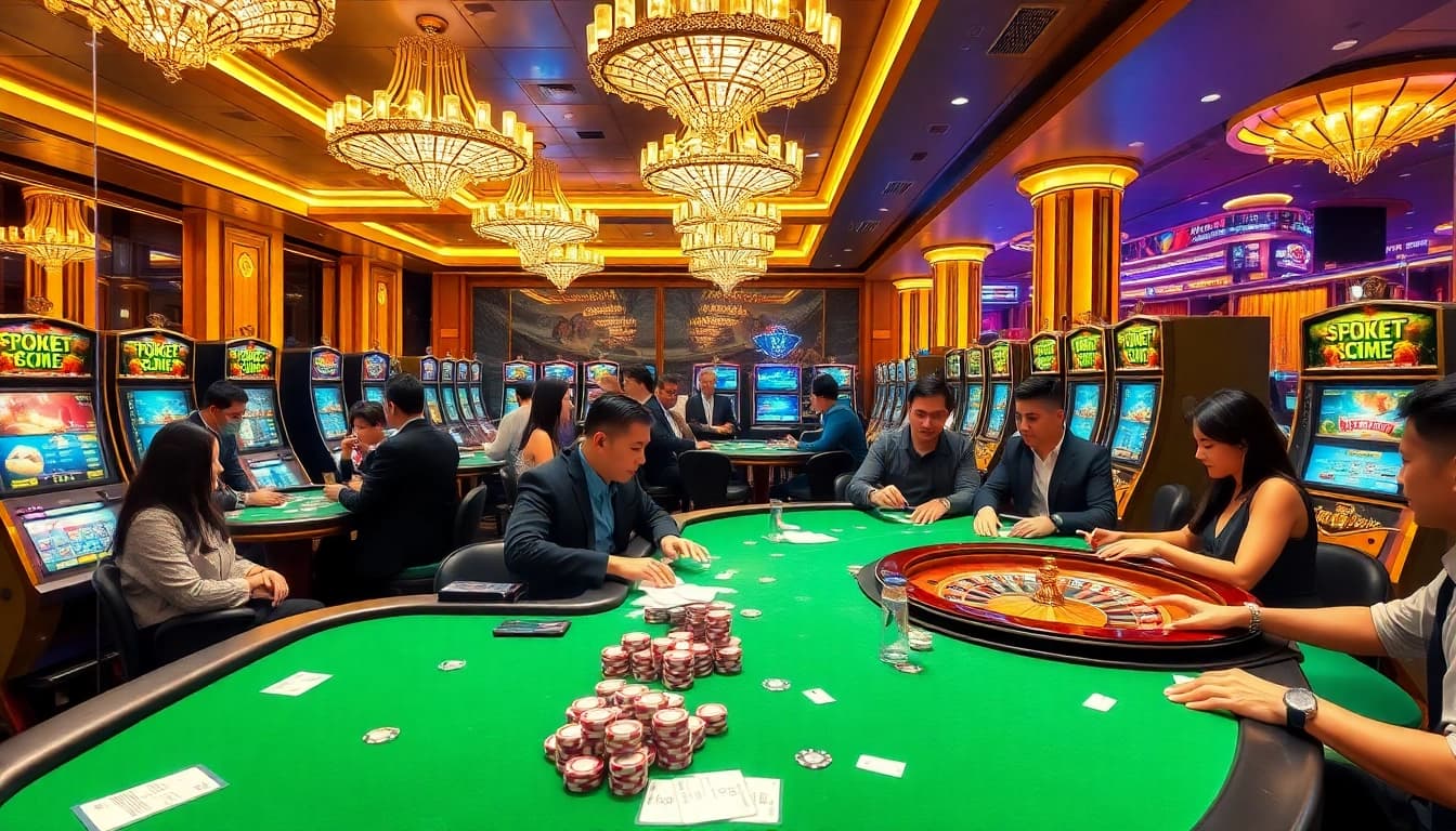 Exciting casino scene showcasing tg88 gambling activities with players at tables and slot machines.