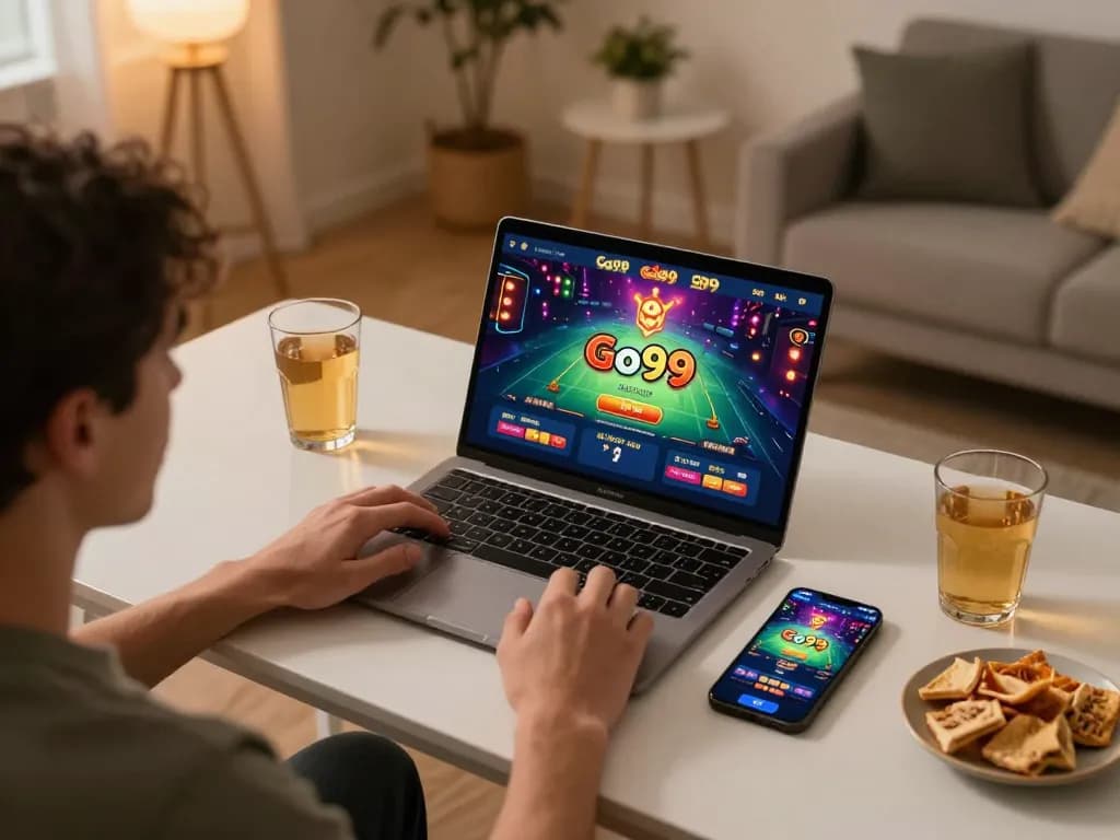 Engaged player enjoying thrilling games on Go99 mobile app during cozy home session.