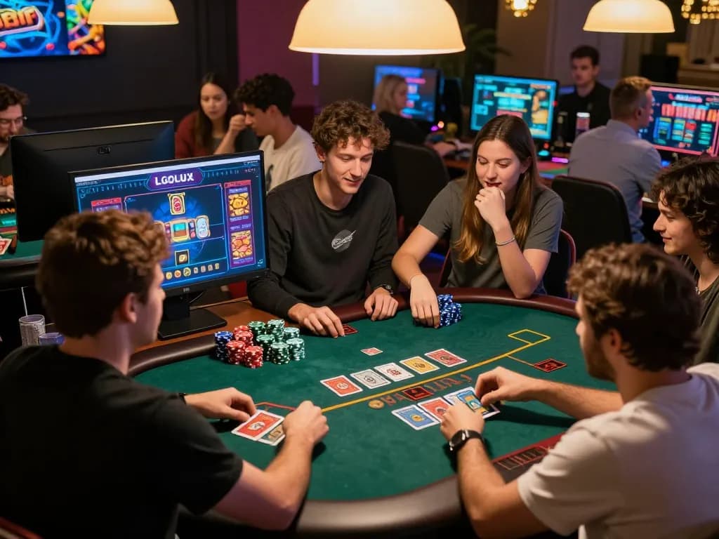Engaged players enjoying LGOLUX online casino games with vibrant screens and betting action.