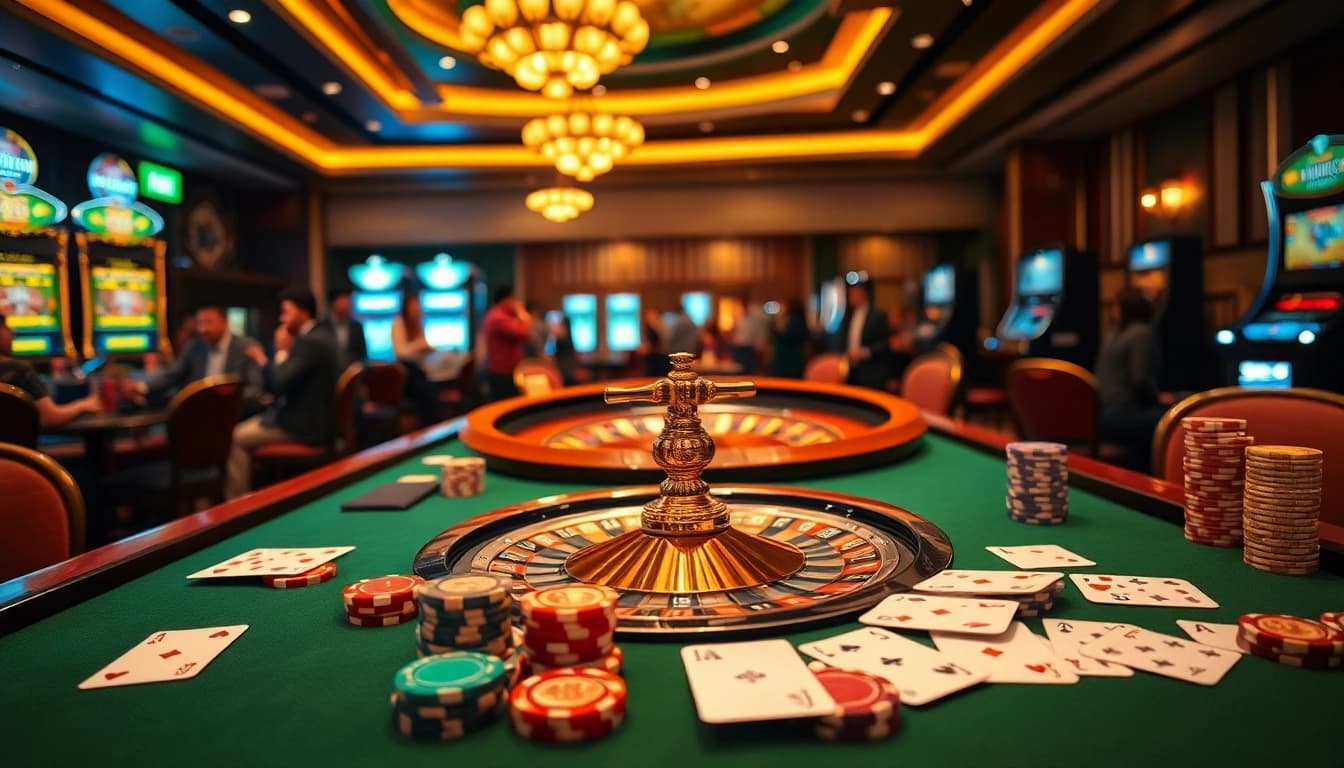 Playing games at Nhà cái S8 with vibrant roulette and poker chips arranged on the table.