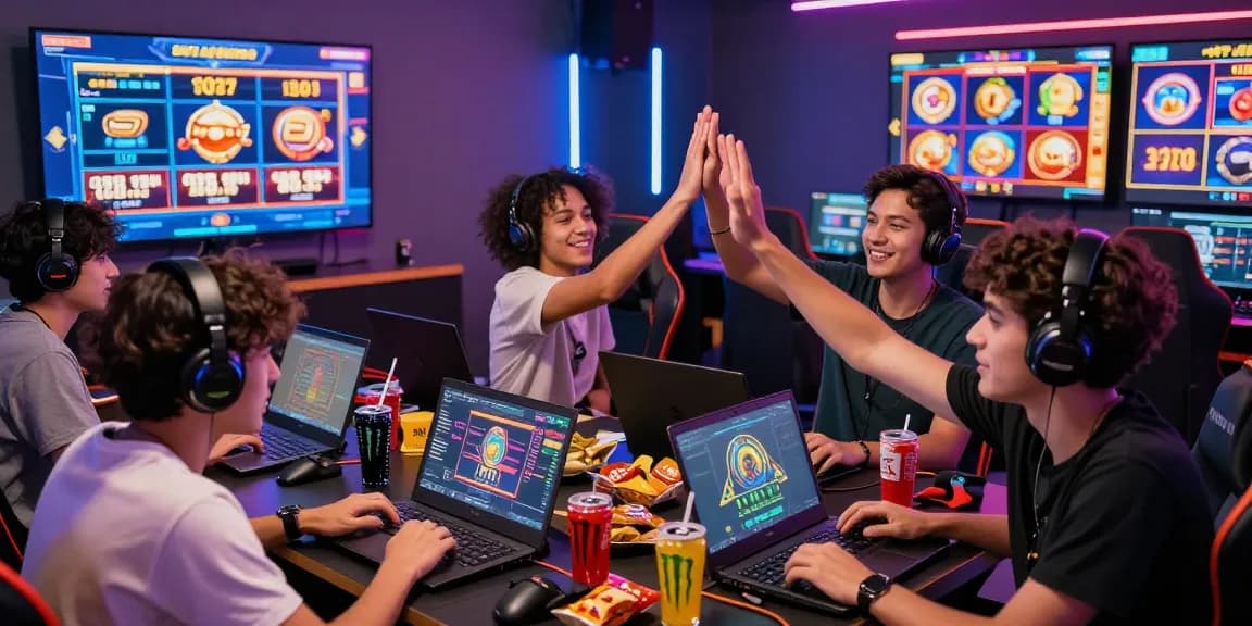 Excited gamers discussing strategies on achieving slot gacor success in a vibrant gaming lounge.
