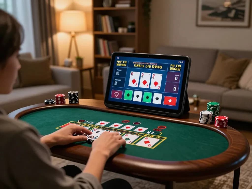 Player engaging with go8 online casino on a tablet, surrounded by a cozy home atmosphere.