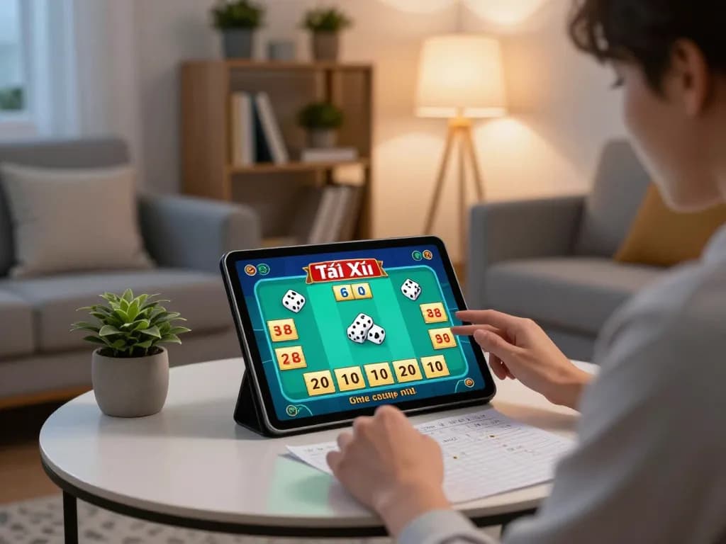 Tài Xỉu game excitement as a player engages in online betting using a tablet at home.