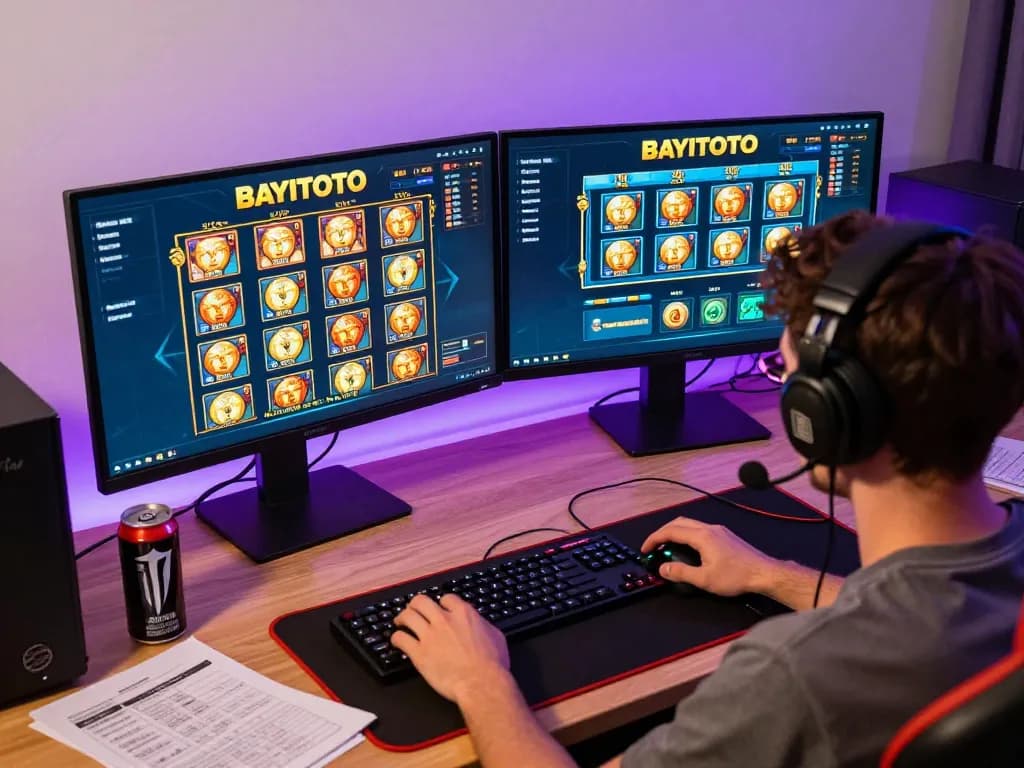 BAYITOTO player engaged in strategic online slot gameplay, focused environment showcasing gaming setup.