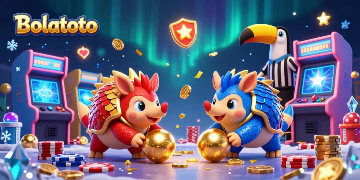 Engage in exciting games at Bolatoto with rival pangolins bowling through poker chips amidst vibrant arcade elements.