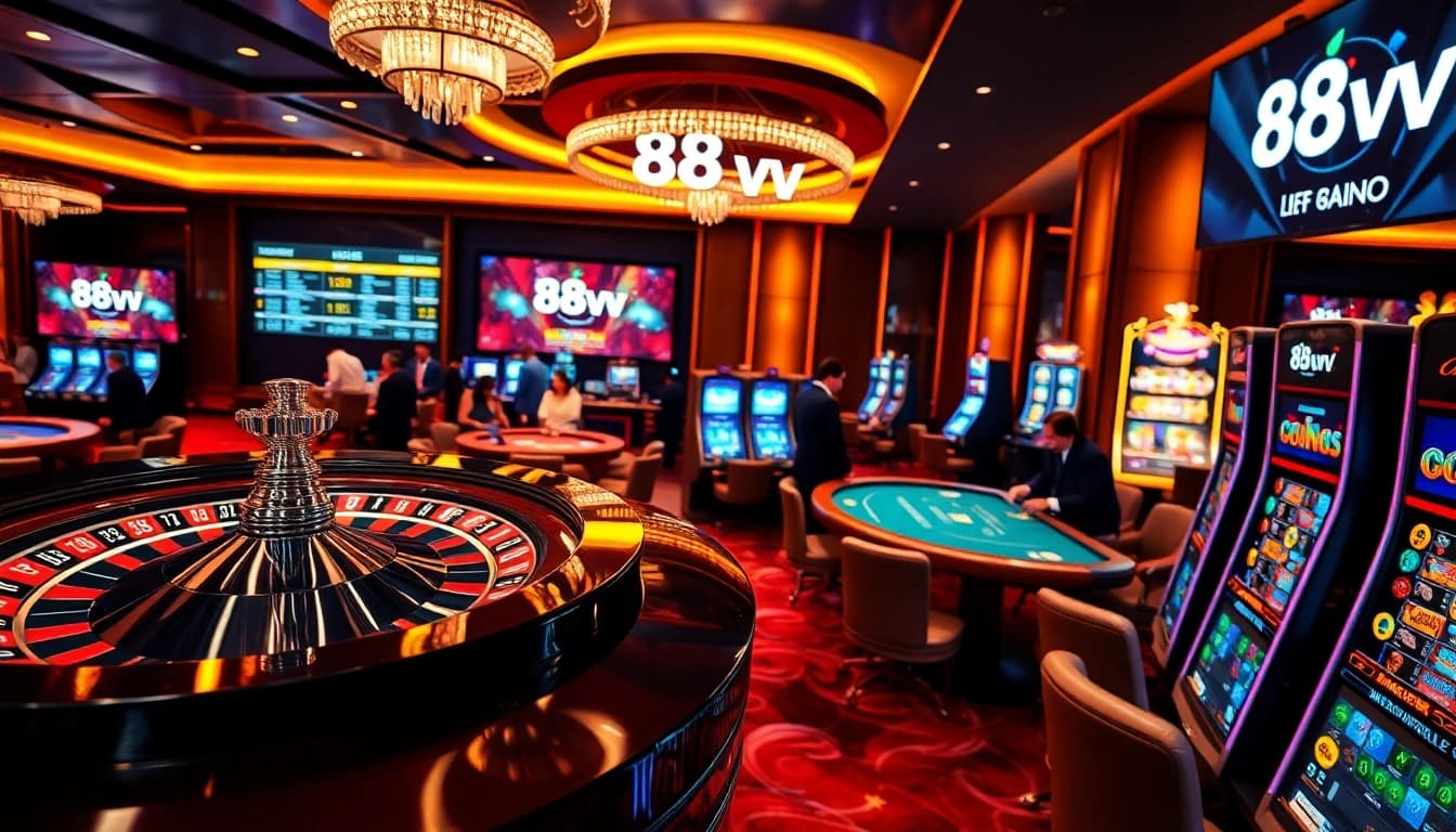88vv casino players enjoying vibrant roulette and poker games in a luxurious setting.