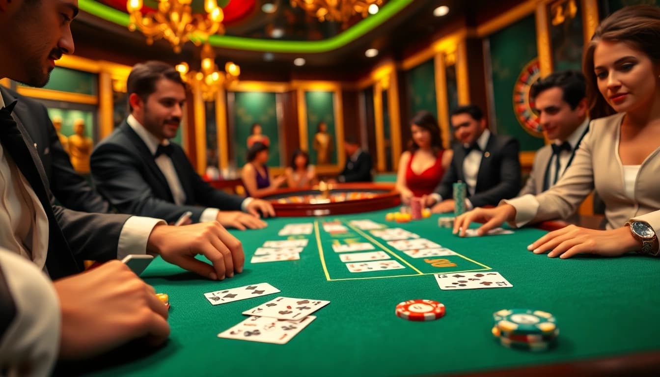 Players engage in a thrilling poker game at a luxurious casino table, featuring CM88 themed cards.