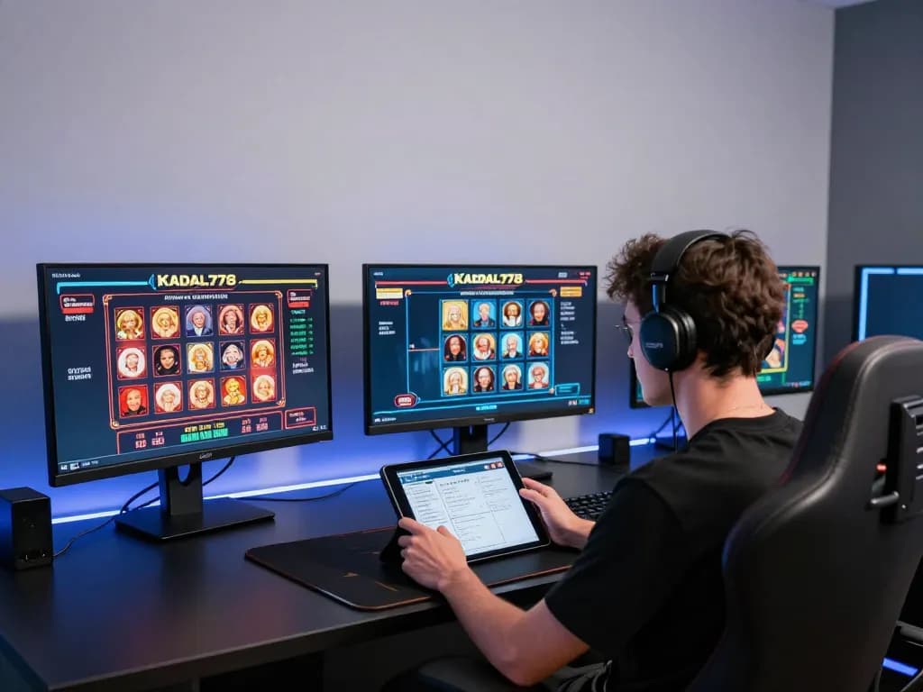 KADAL778 gaming setup with multiple screens showcasing casino games and a focused player managing strategies.
