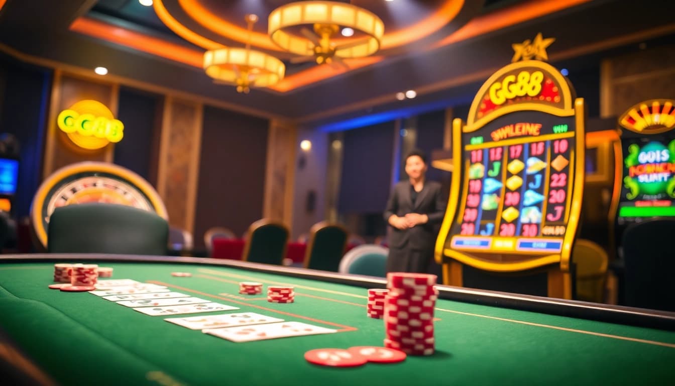 GG88 casino table with vibrant gaming elements, showcasing excitement in the betting experience.