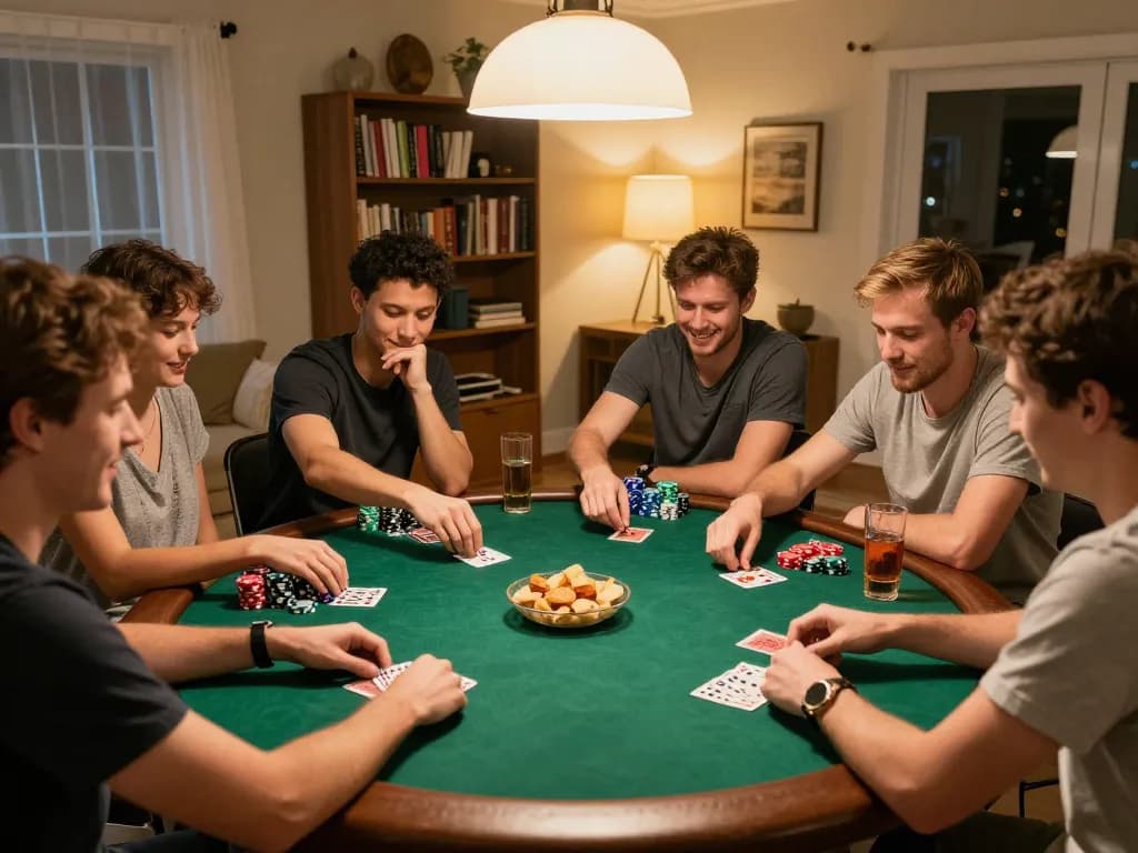 dh88 players engaging in a lively poker game at home with friends, surrounded by snacks and drinks
