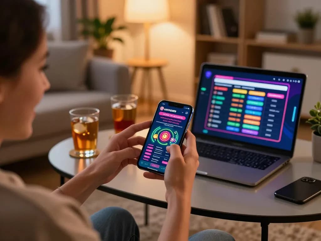 Player celebrating a win using the LGOSUPER mobile app in a cozy living room setting.