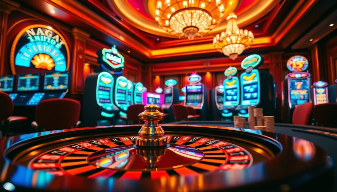 Naga99 players engaging in high-stakes betting at a luxurious casino table surrounded by vibrant slot machines.