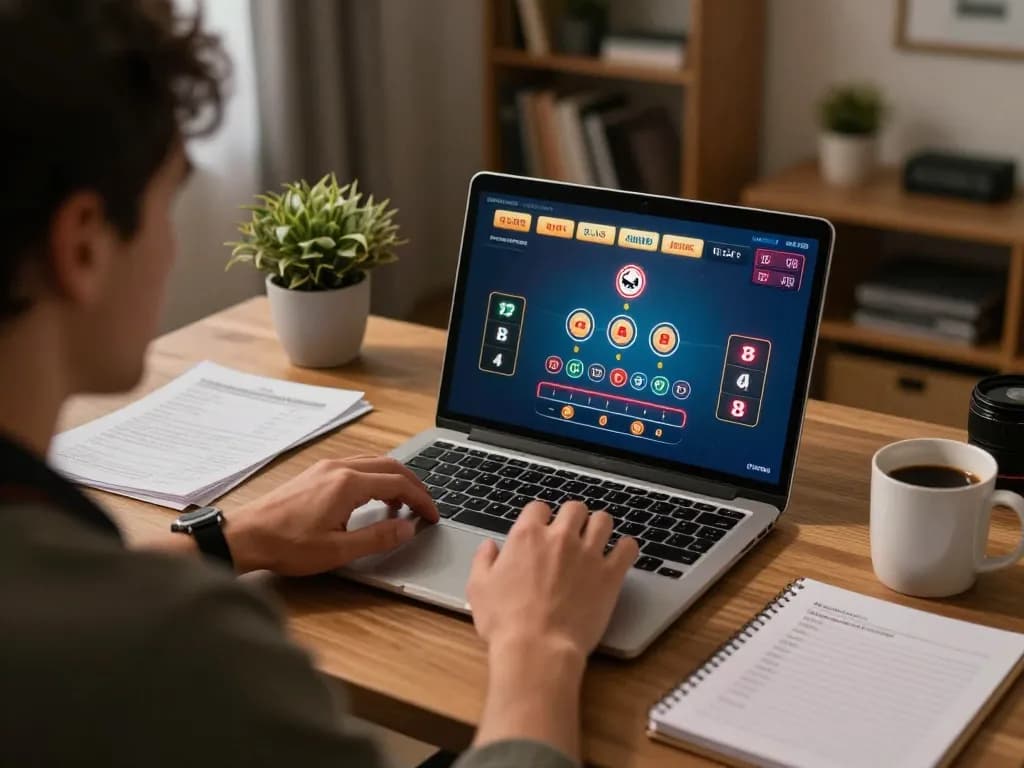 Gamer enjoying blackjack on https://123win.click/ with strategy notes and cozy home setup.