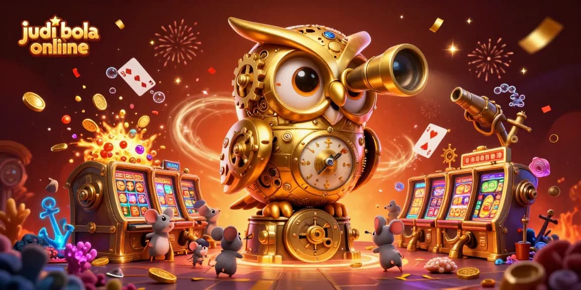 Experience judi bola online excitement with golden owl surveying a vibrant casino scene.