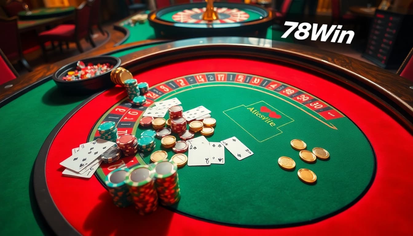 Players are engaged at a roulette table in a luxurious 78Win casino setting, featuring vibrant colors and excitement.