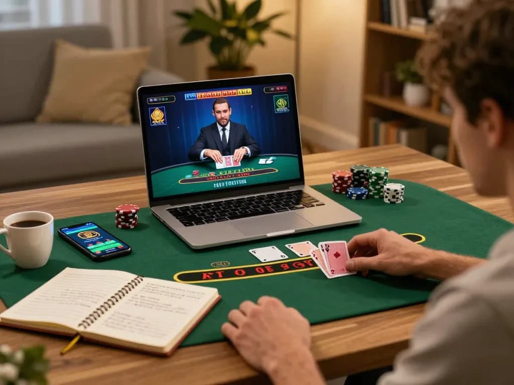 KADAL778 player strategizing during an engaging online blackjack session at home, showcasing smart gaming practices.