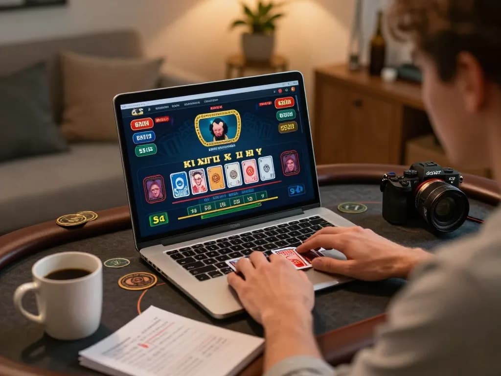 98win player placing bets on an online blackjack game at home with focused strategy notes.