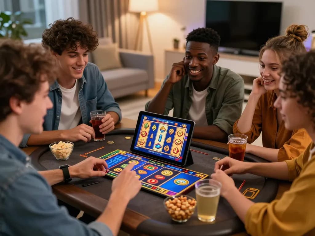 A group of friends enjoying an online slot gaming session together, capturing the excitement of digital entertainment.