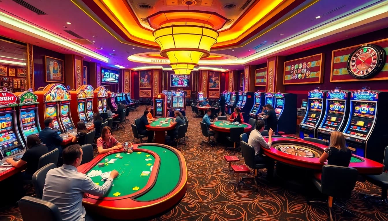 Experience the thrilling atmosphere of ZX88's vibrant casino gaming hall filled with energetic players and exciting games.