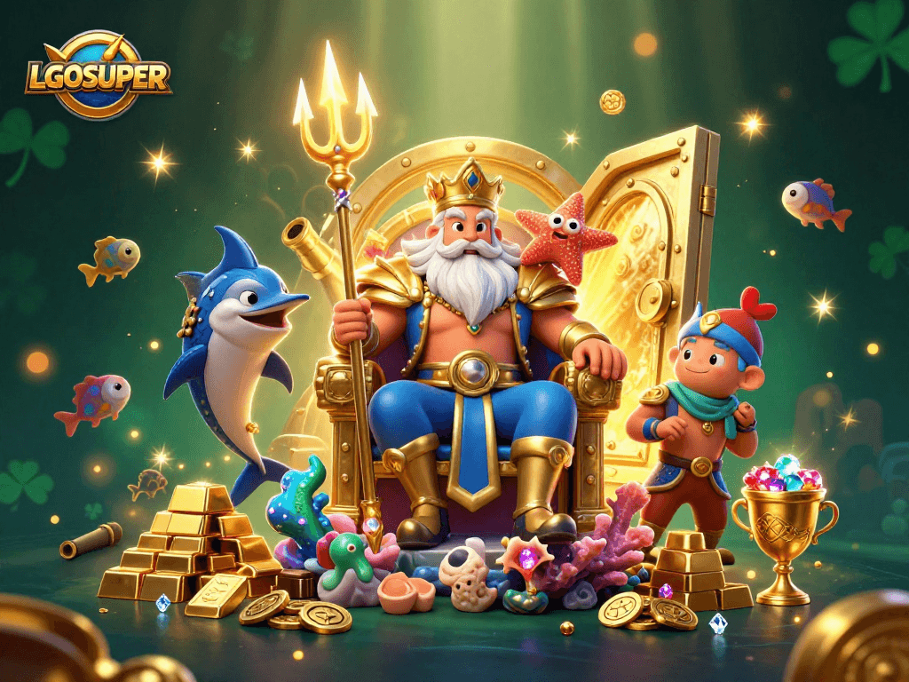 Experience the excitement of LGOSUPER's underwater fish shooting games with vibrant characters and treasure.