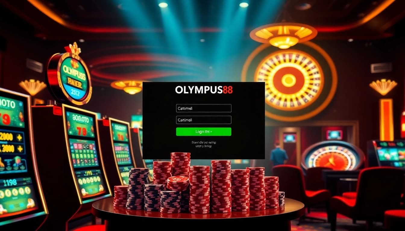 Engaging OLYMPUS88 login interface showcasing vibrant slot machines and poker chips in a luxurious casino scene.