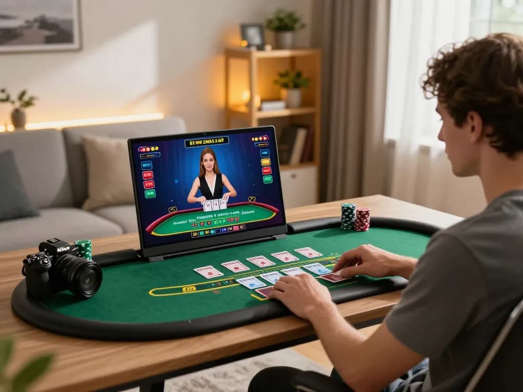 Engage in LGOLUX live dealer blackjack with an immersive gaming setup at home.