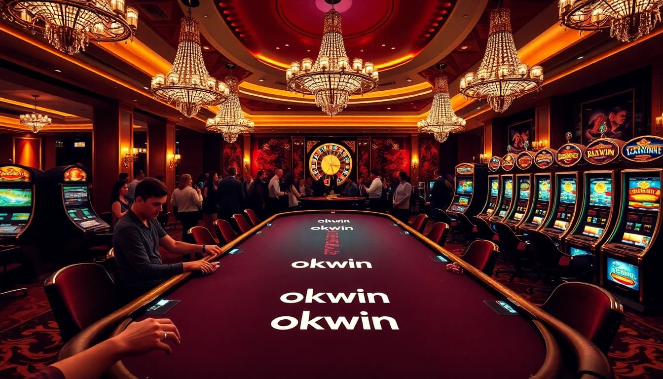 Experience the excitement at okwin's luxurious casino with eager players at the poker table.