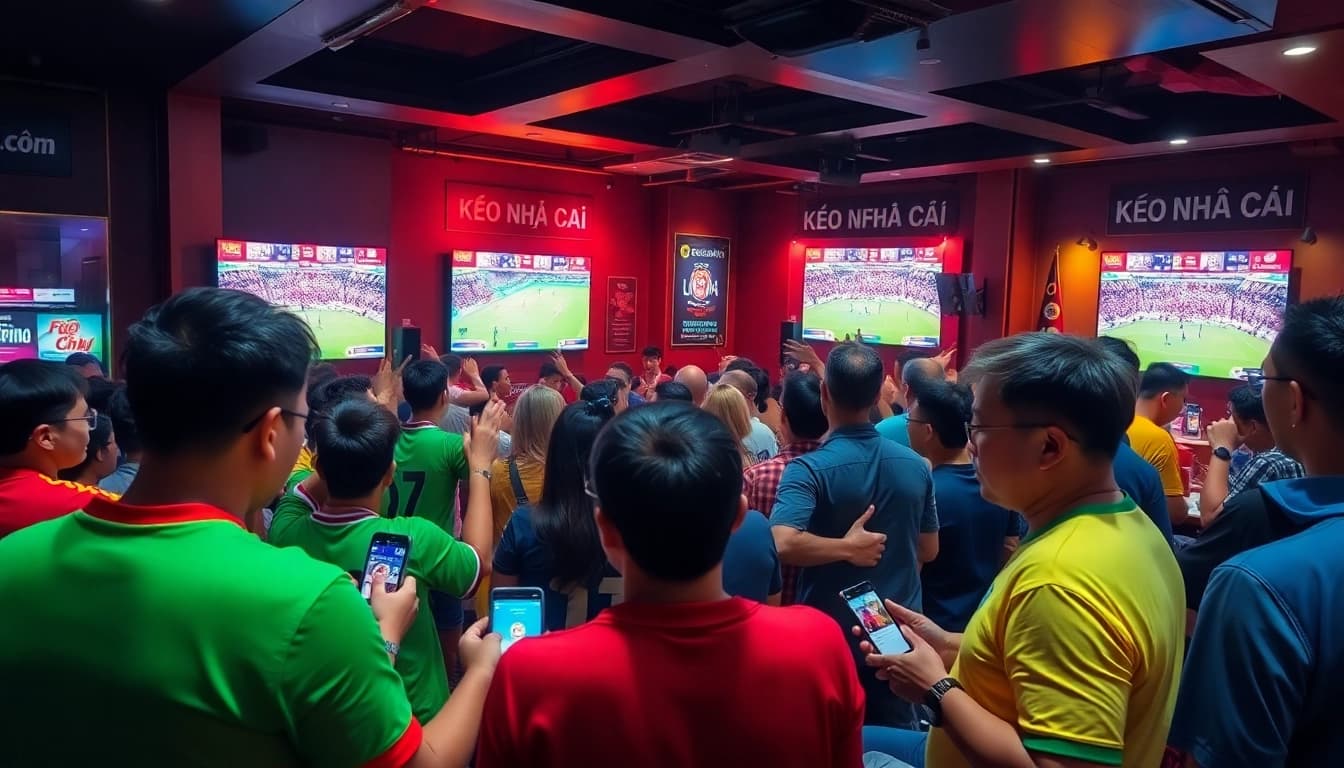 Betting excitement at a sports bar featuring kèo nhà cái during a live football match.