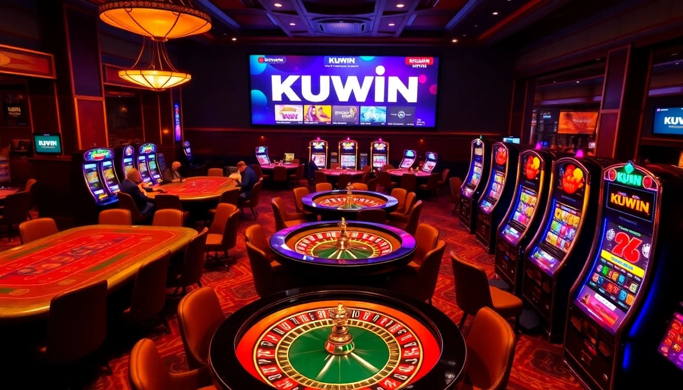 KUWIN online casino excitement with players at poker tables and spinning roulette wheels.