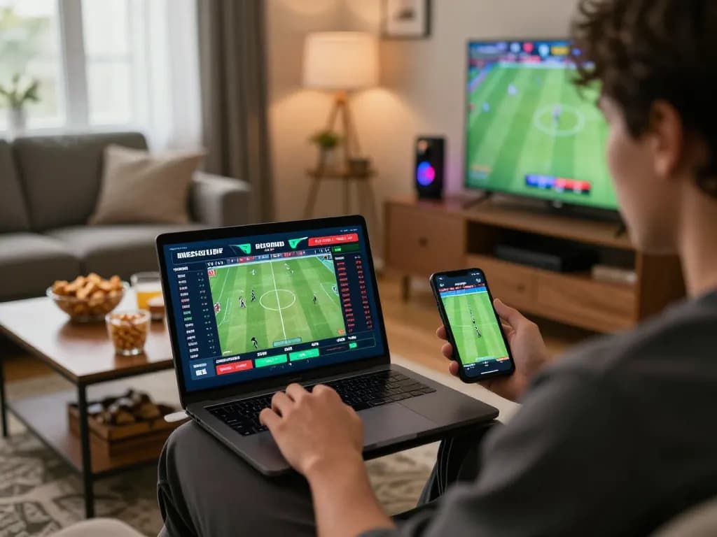 KQBD online sports betting setup with live match statistics and a cozy home atmosphere.