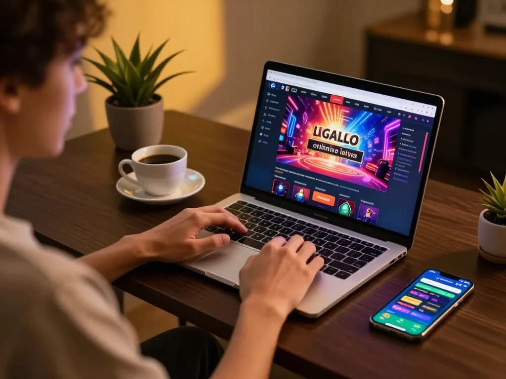LIGALGO gamer engaging with vibrant online casino interface on a modern setup.