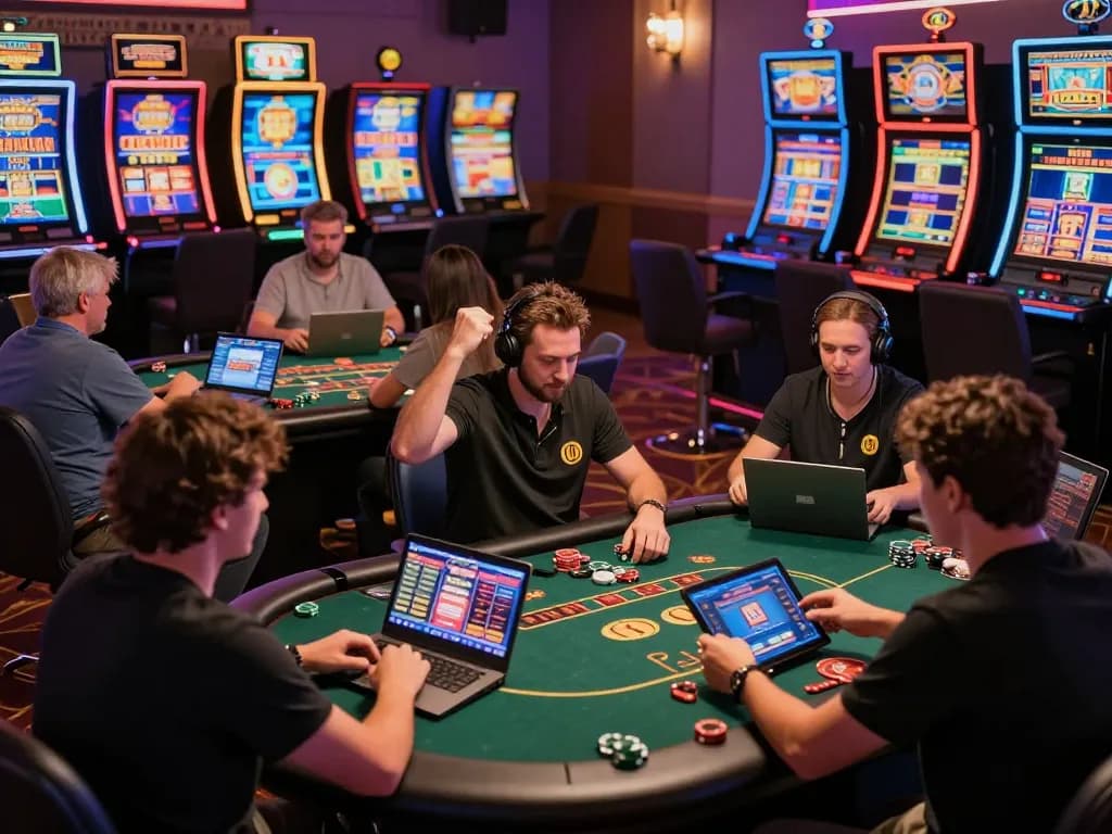 S8net players celebrating wins during dynamic online casino games in a vibrant environment.