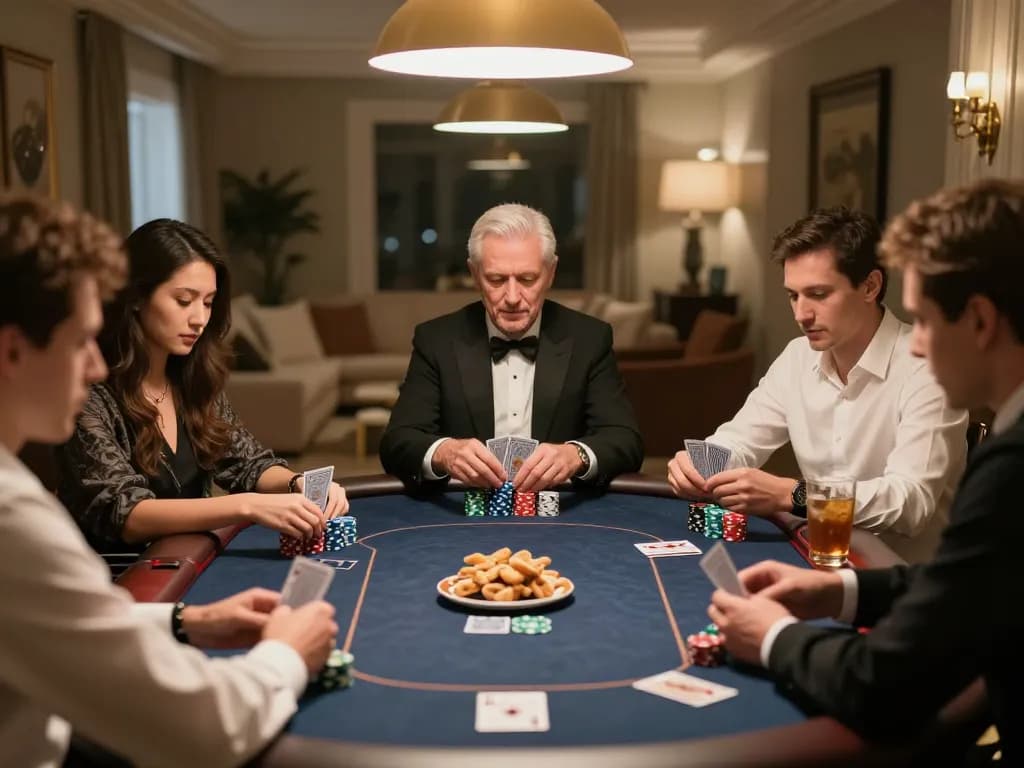 Poker players engage in a game at home while using https://56win.autos/ for online strategies, enhancing their gaming experience.