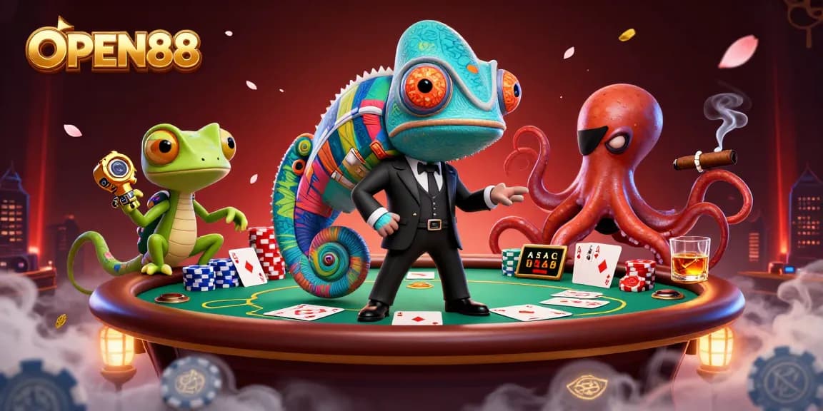 Open88 casino scene featuring a chameleon, gecko, and octopus playing cards.