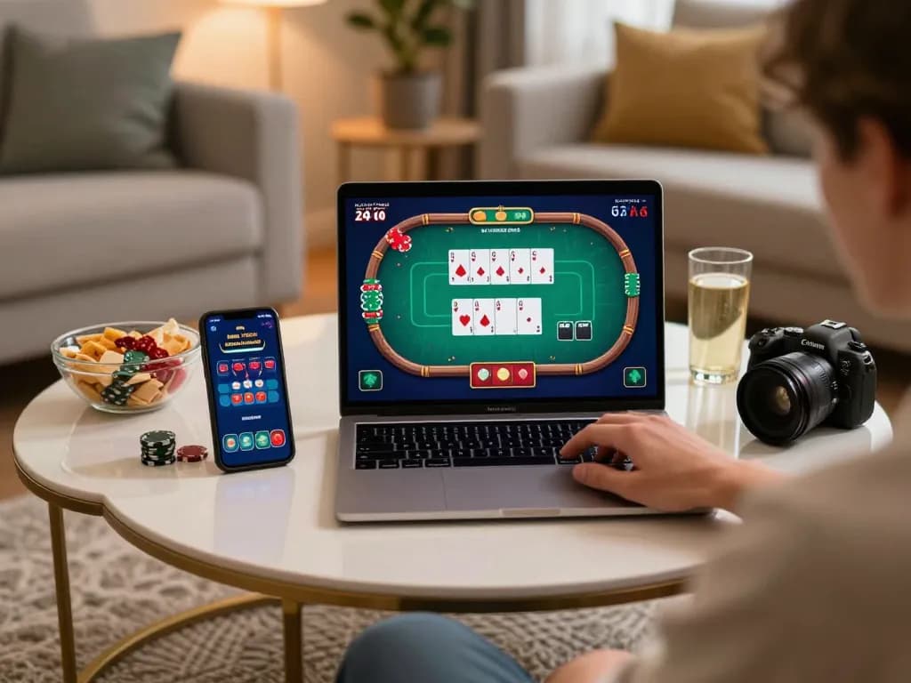 Player enjoying rokok88 poker game on a laptop at home, showcasing strategic gameplay with engaging atmosphere.