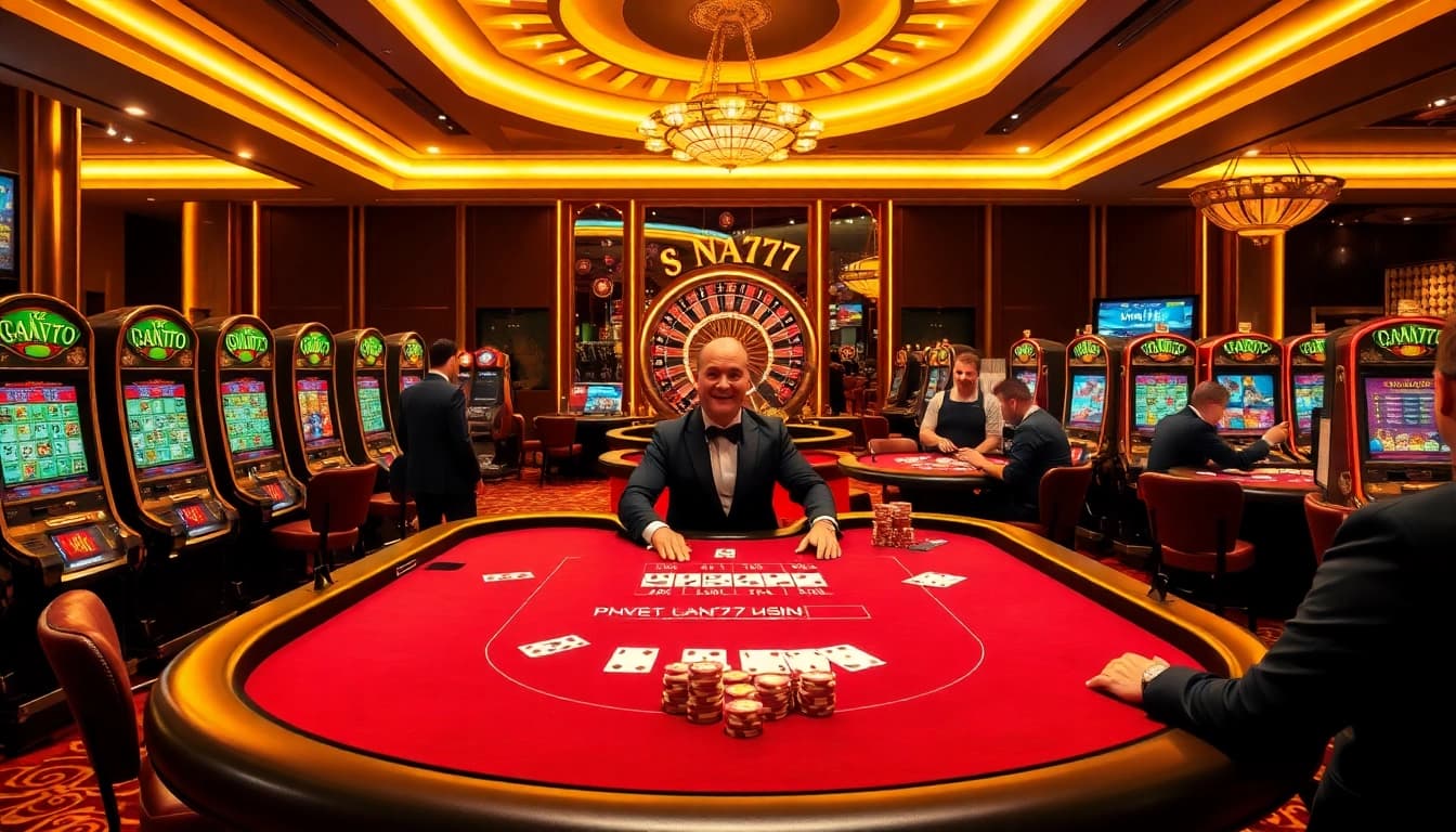 Engaging casino scene with professional dealer at NA777, vibrant poker chips, and immersive slot machines.