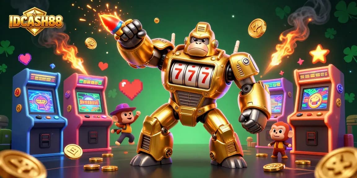 Experience thrilling gameplay with IDCASH88's interactive gaming universe alive with golden coins and animated arcade elements.