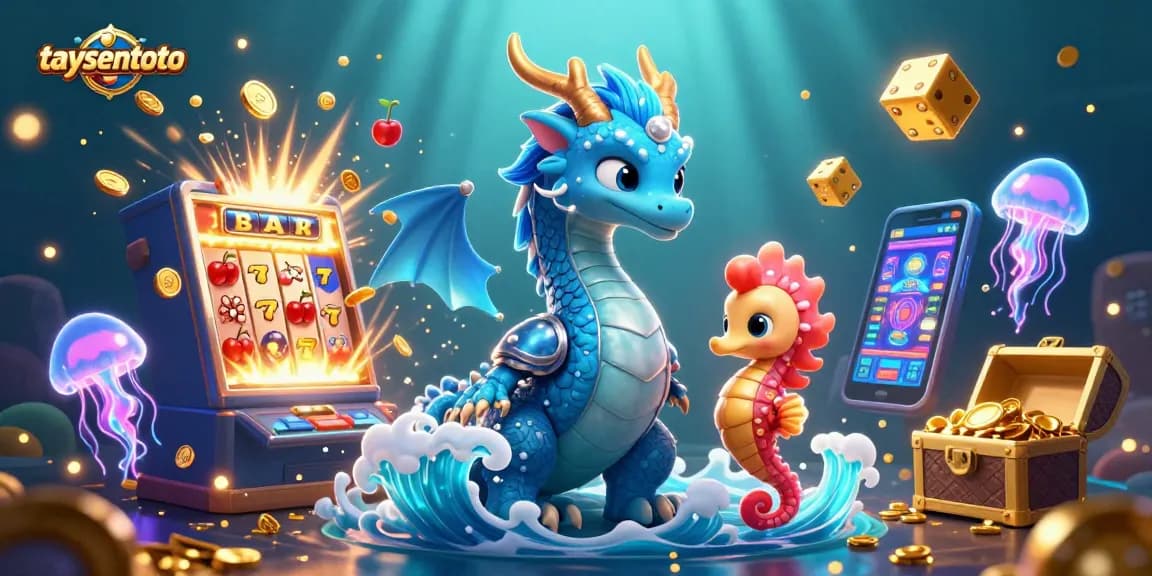Taysentoto menjadikan pengalaman slot gacor semakin menarik dengan karakter naga dan kuda laut bersenjatakan, dikelilingi oleh mesin slot yang meledak dengan koin.