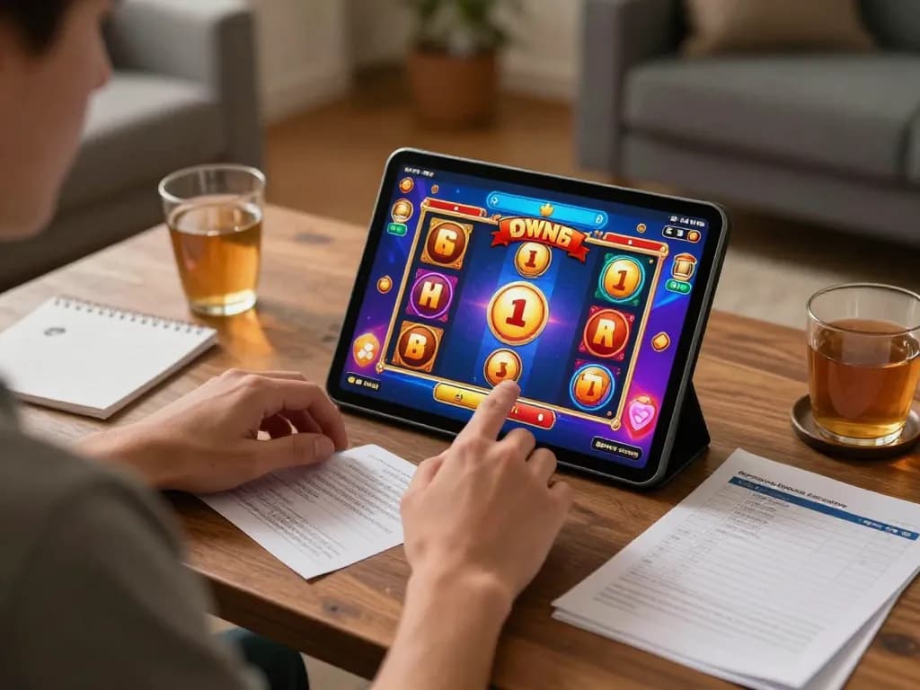 Engaged player enjoying slot games on tablet at home while practicing responsible gaming with surewin strategies