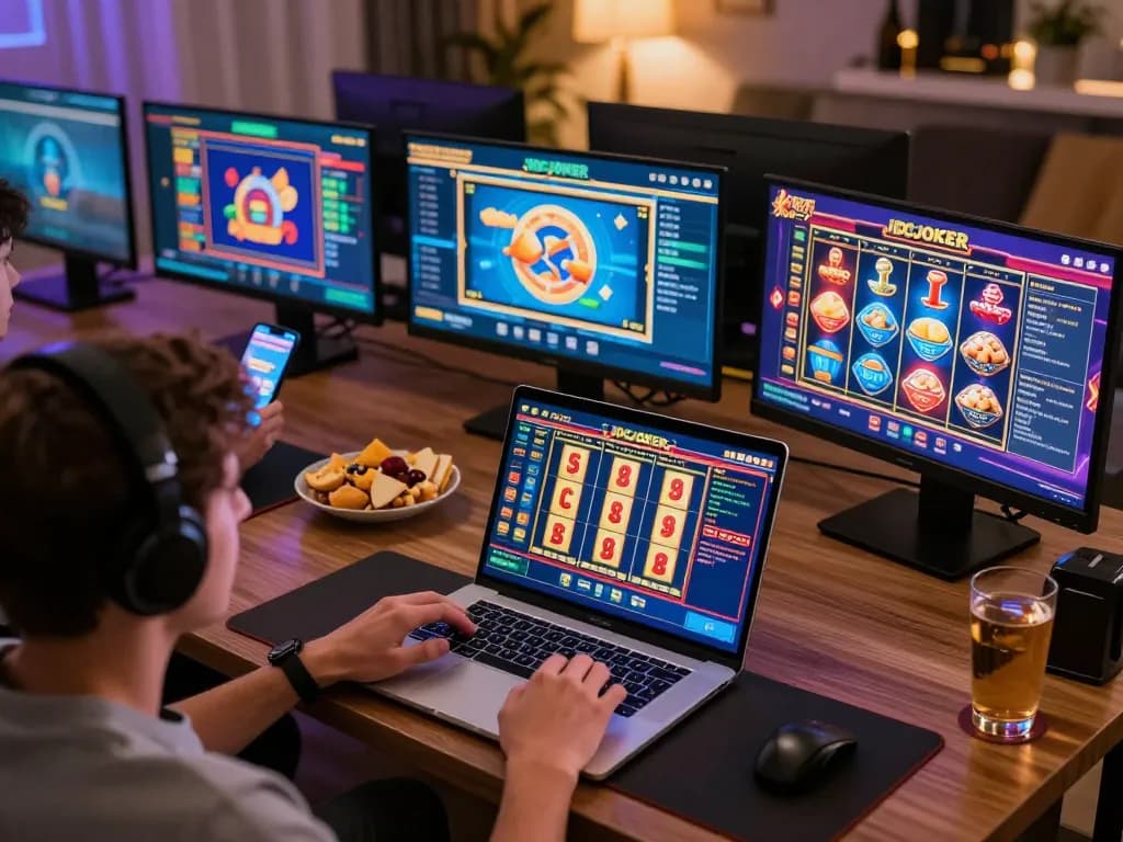 IDCJOKER player enjoying online slot games on multiple screens in a cozy home setup